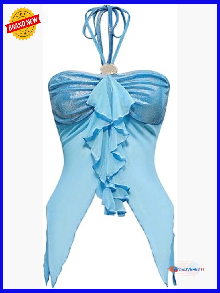 Y2k Halter Top Backless Mesh Seashell Ruched Ruffle Summer Going Out Top